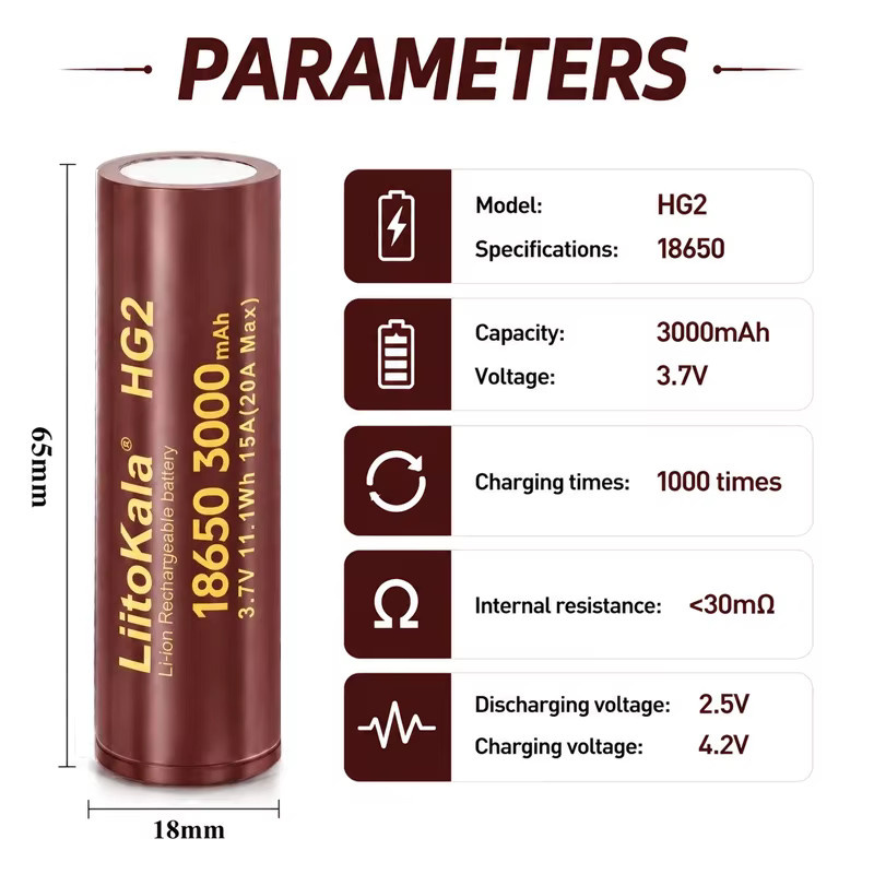 LiitoKala 18650 HG2 Lithium-Ionen-Akku mit 3000 mAh und 30A kontinuierlicher Entladung - Bild 2