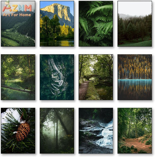 Kayou Leinwand-Wandkunst AZNM Natur Landschaftsdruck mit Wald, Bergen und Wasserfall in Grün - Bild 1