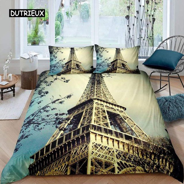 Binchi Outdoor Product Paris-Bettwäsche-Set im Vintage-Stil mit Eiffelturm und rotem Regenschirm, Mikrofaser, Mehrfarbig, B/H: 135 x 200 cm - Bild 1