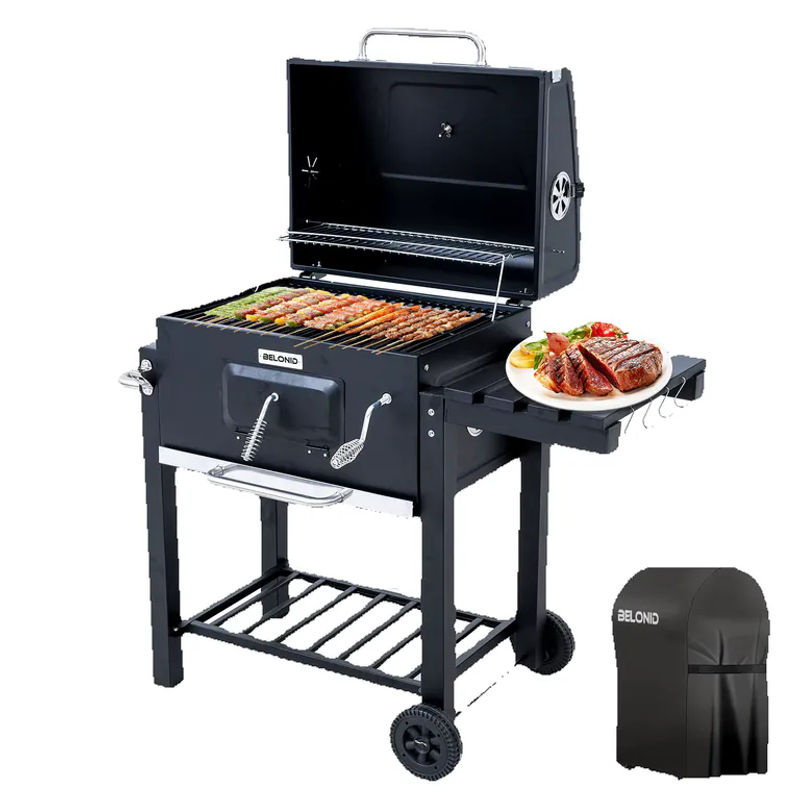 HOMAVO Holzkohlegrill mit Deckel in Schwarz mit höhenverstellbarer Kohlenwanne und faltbarem Seitentisch, Grillfläche: Breite: 56 cm, Tiefe: 42,5 cm - Bild 5