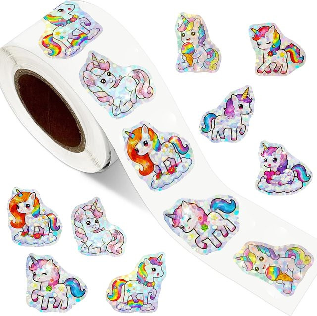 Tumoni Laser-Einhorn-Etikettenaufkleber in Multicolour, 8 Stile, Durchmesser: 2,5 cm, selbstklebend für DIY-Dekoration und Party-Geschenktüten - Bild 1