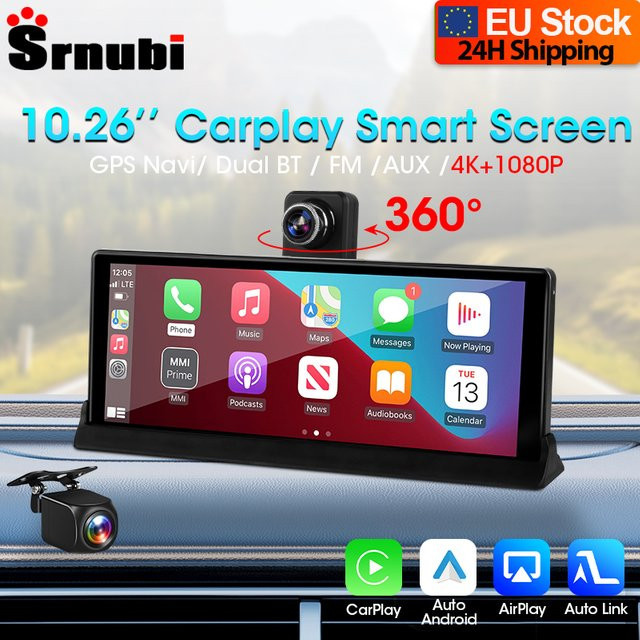Srnubi 4K ADAS Dash Cam mit 10,26 Zoll Display, Wireless CarPlay, Android Auto und 360 Grad Rotation, Schwarz - Bild 1