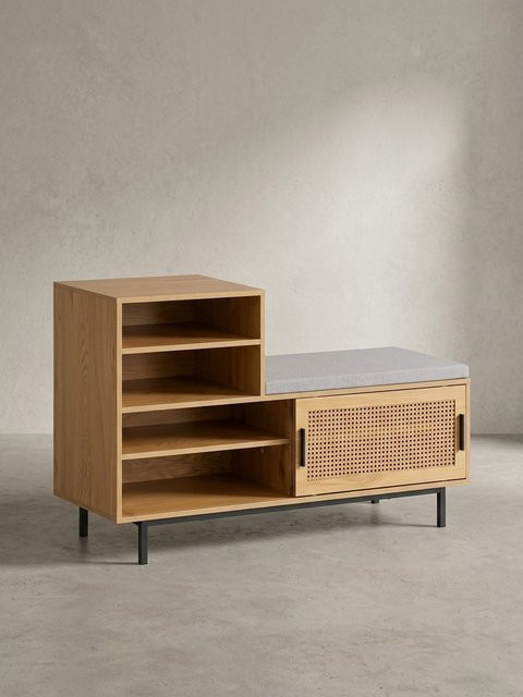 KADIMA DESIGN Schuhbank in Eiche-Dekor mit Rattan-Elementen und gepolsterter Sitzfläche in Grau-Braun, B: 120 cm, H: 75,5 cm, T: 40 cm - Bild 1