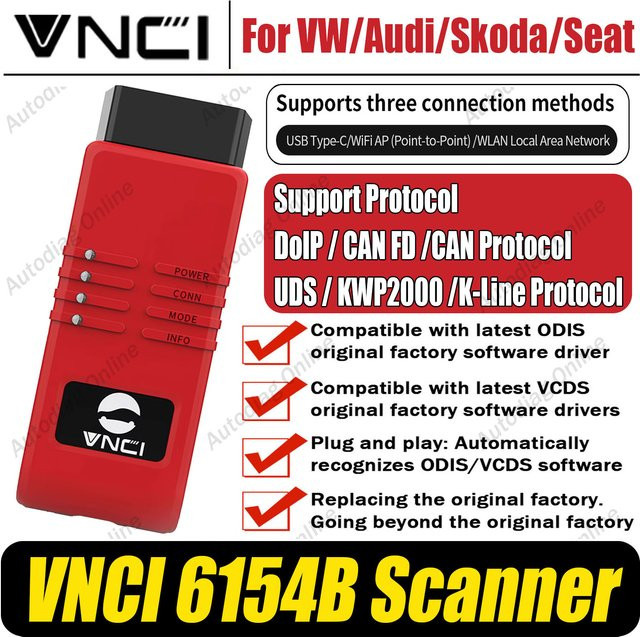 VNCI 6154B Diagnosegerät für VW, Audi, Skoda und Seat mit Unterstützung für CAN FD und DoIP, Verbindung über USB, Type-C und WiFi, Farbe: Rot - Bild 1