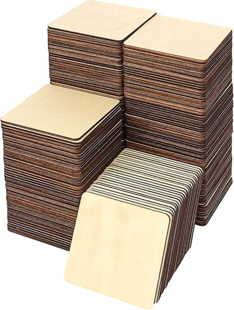 100 Stück quadratische Holzscheiben in Beige, 4–6 cm für Gravur und Schnitzerei - Bild 1