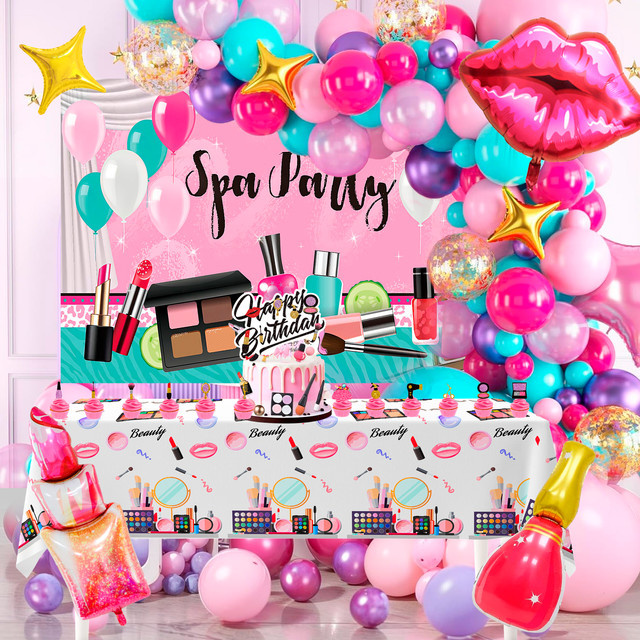 101-teiliges Spa-Geburtstagsparty-Dekorationsset von Potdemiel mit Luftballons, Hintergrund, Kuchendekoration und Tischdecke für deine Make-up-Party - Bild 1