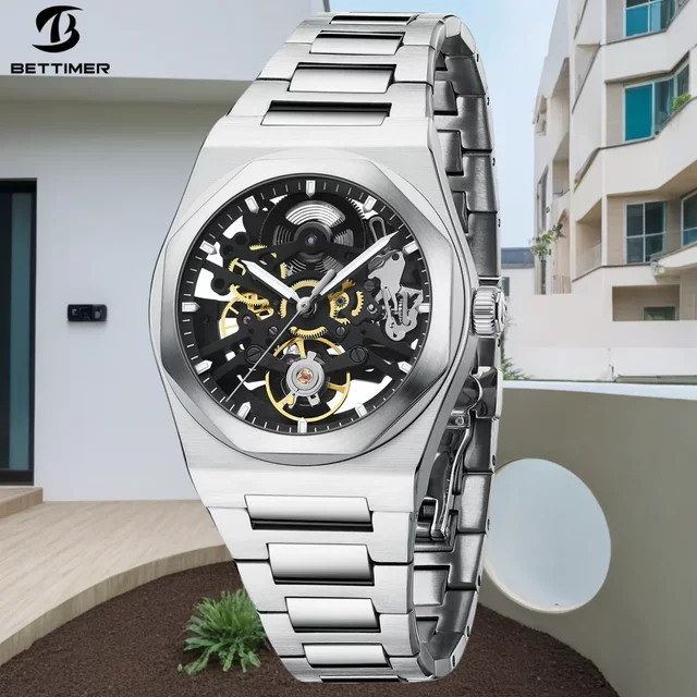 BETTIMER Mechanische Herren Uhr, Edelstahl, Silber, Saphirglas - Bild 1