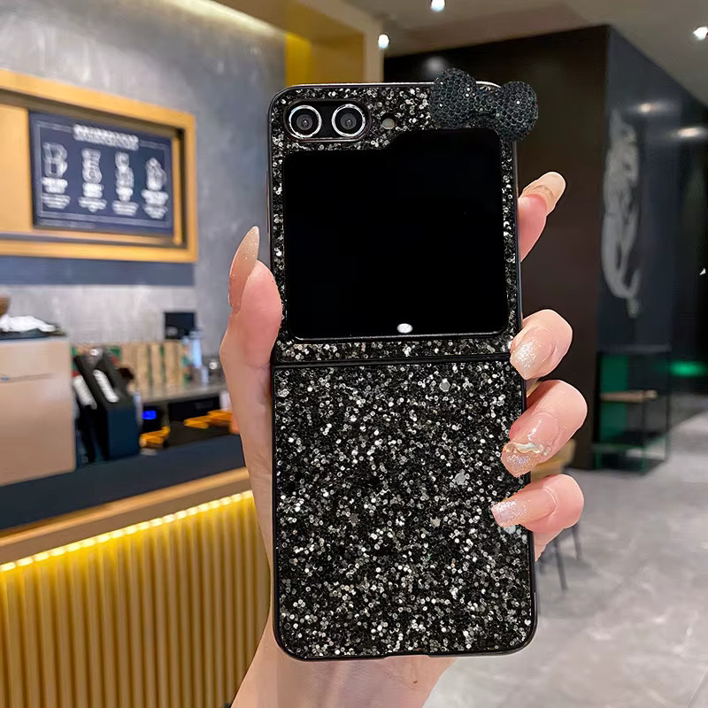 Schwarze Sternenhimmel Leder-Handyhülle mit Glitzer und 3D-Schleifenknoten für Samsung Galaxy Z Flip 8 7 6 5 4 3 und Flip7FE, stoßfeste Flash-Hülle - Bild 4
