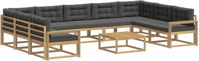 vidaXL Outdoor-Sofagarnitur in L-Form aus Akazienholz mit 10 Kissen in Weiß und Anthrazit - Bild 1