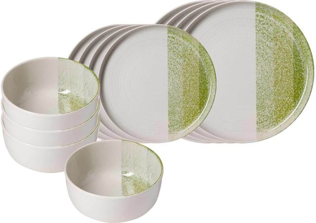 Ritzenhoff & Breker Trio Basic Dinner-Set aus Keramik, 12-teilig, Grün gestreift - Bild 1