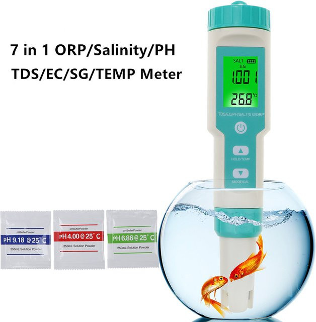 JUANJUAN 7-in-1 Digitaler Wasserqualitätsmonitor für TDS, EC, pH, Salzgehalt, ORP, S.G und Temperatur zur Messung von Schwimmbädern, Aquarien und Trinkwasser - Bild 1