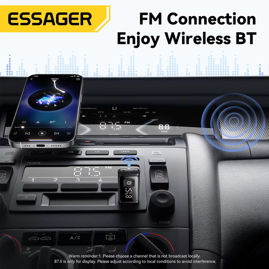 ESSAGER Bluetooth 5.4 Auto-Adapter in Schwarz mit FM-Transmitter, Audio-Receiver und Freisprechanruf-Funktion inklusive Mikrofon - Bild 2