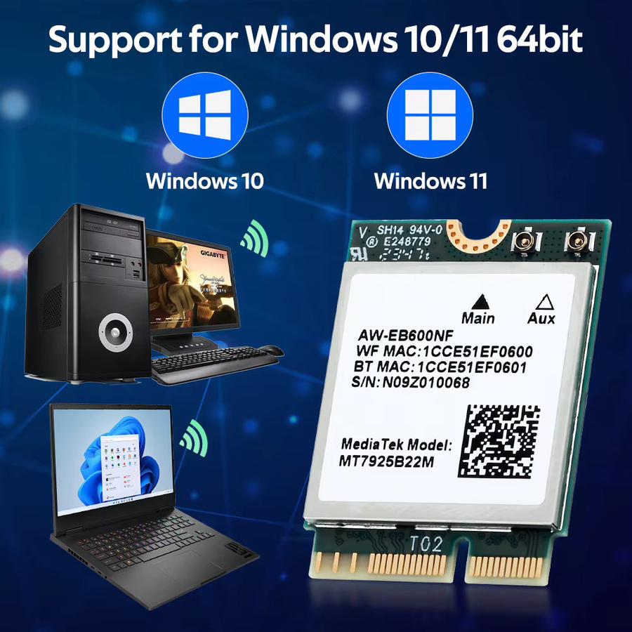 DERAPID WiFi 7 MT7925 M.2 NGFF Wireless-Adapter Tri-Band 2,4G/5G/6GHz Bluetooth 5.4 Wireless-Karte mit Antennen-Kit für PC Windows 10/11 - Bild 4