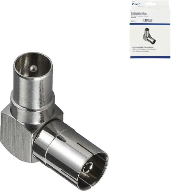 DINIC Koaxial-Winkeladapter 90 Grad in Silber mit Metallgehäuse, Koaxial-Stecker auf Koaxial-Kupplung - Bild 1