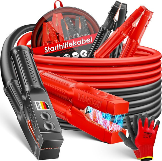 MASKO Starthilfekabel Überbrückungskabel für Benzin- und Dieselmotoren in Rot, 6/12/24 Volt, Kupfer-Starterkabel für Auto und Motorrad inklusive Handschuhen und Tragetasche - Bild 1