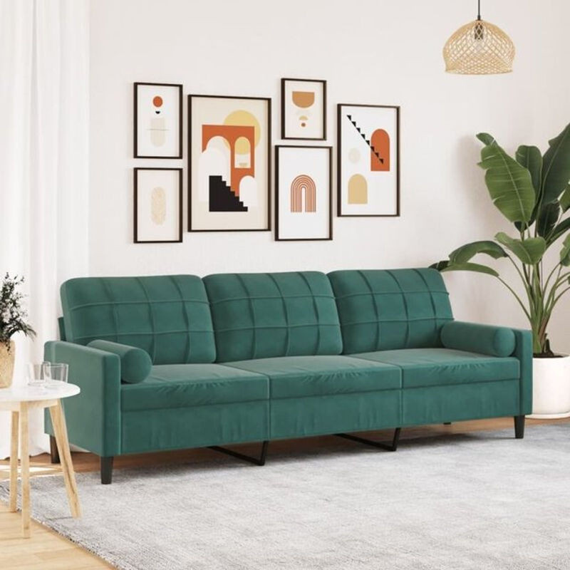 vidaxl 3-Sitzer Sofa aus Samt mit Zierkissen in Dunkelgrün und Metallgestell, Breite: 226 cm - Bild 1