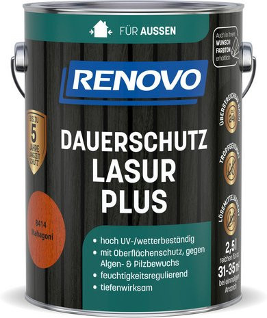 RENOVO Dauerschutzlasur PLUS lmh 2,5l in Mahagoni Braun mit seidenmattem Glanz - Bild 1