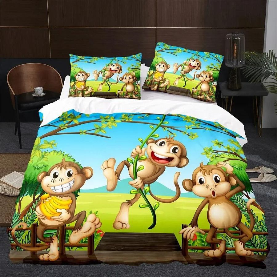 Kinderbettwäsche-Set mit Affe-Cartoon-Motiv, bestehend aus Bettdecke und Kissenbezug, B/T: 133 x 70 cm - Bild 2