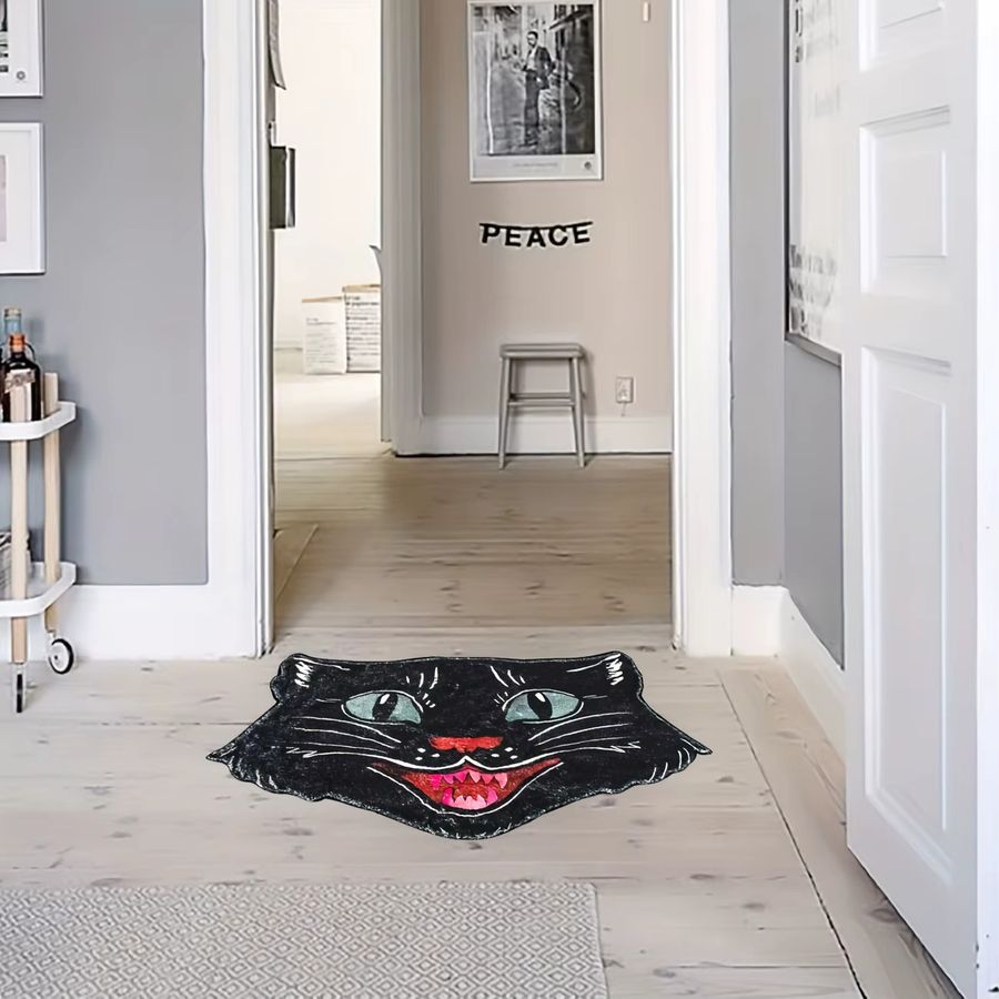 VIKAMA Teppich mit Cartoon Schwarz Katze Kopf Design als kreative Fußmatte für Wohnzimmer, Schlafzimmer oder Badezimmer in Schwarz - Bild 3