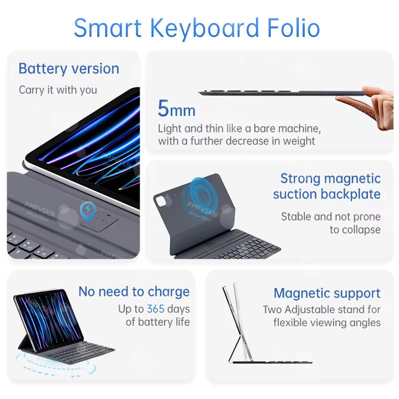 PMFVSKN Ultradünne Smart-Tastaturhülle für iPad Air 11 und 13 (2024/2025), iPad Pro 11 und 12,9/13 Zoll, Cover Folio mit russischer Tastatur, Schwarz - Bild 2