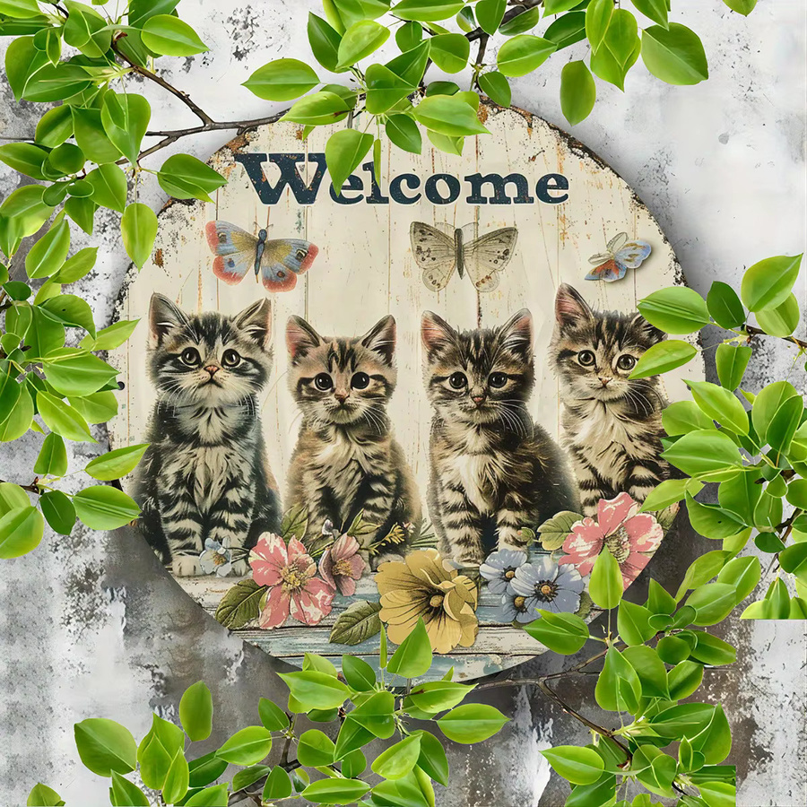 CIFBUY Metallschild Cute Cats Welcome Vintage Wanddekoration aus Aluminium, Durchmesser: 20,3 cm, Mehrfarbig - Bild 3