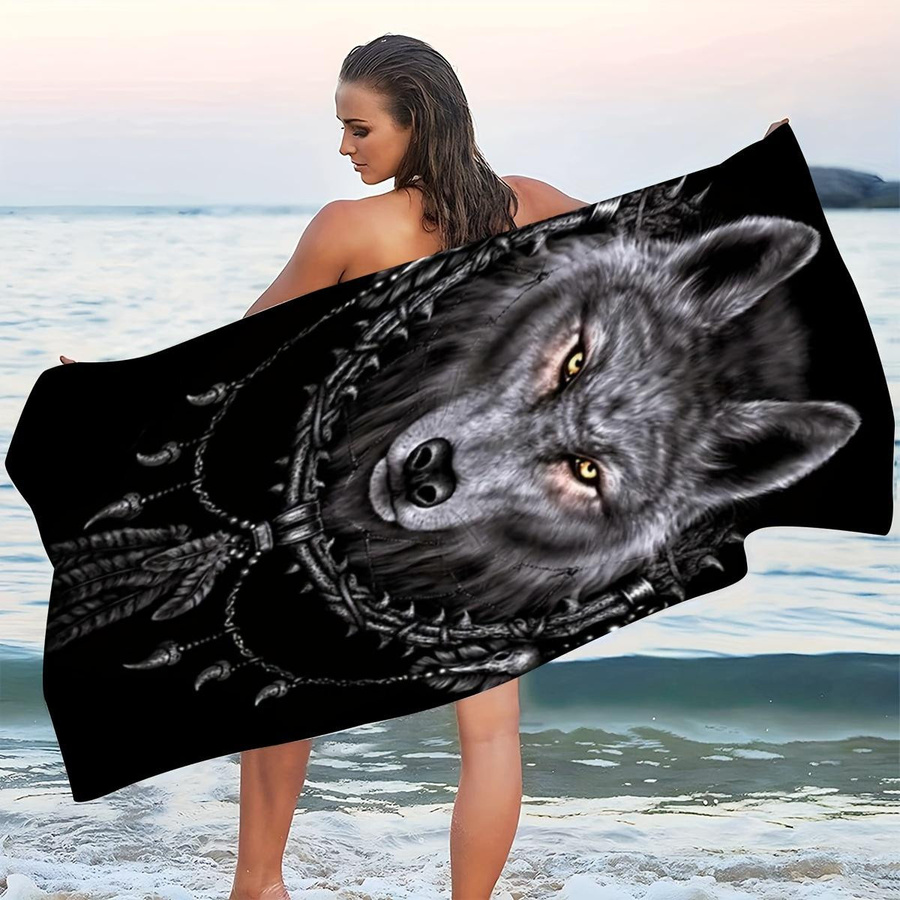 Wolfskopf Traumfänger Strandtuch aus Mikrofaser im Tribal Boho Design, schnelltrocknend und sandfrei, B: 40 cm, H: 60 cm - Bild 4
