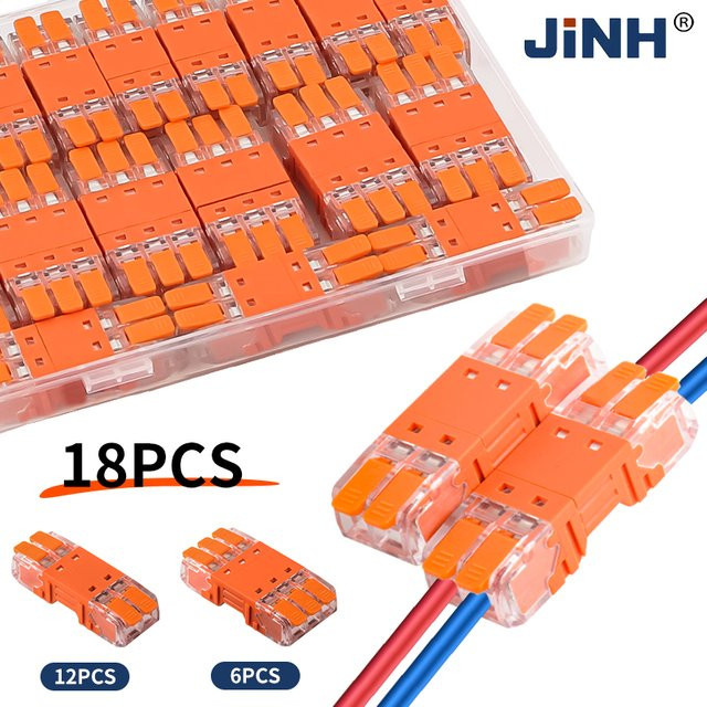 JINH CMK64 Serie Mini-Schnellverbinder Set aus 18 Stück, Universal Compact Push-in-Klemmenblöcke für solide und flexible Drähte, Farbe: Orange - Bild 1