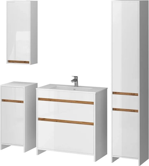 Vicco Badmöbel-Set Detmold 5-teilig in Weiß Hochglanz und Eiche mit Breite: 80 cm - Bild 2