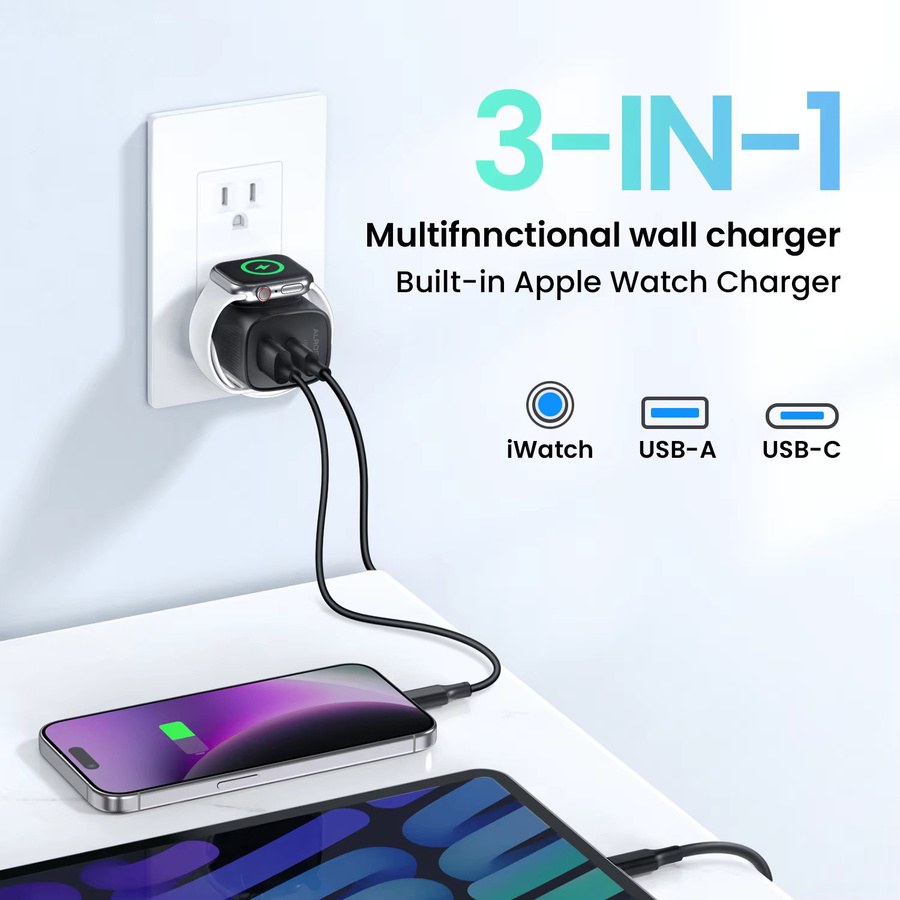 TOPADRE 3 in 1 PD USB-C Schnellladestation für Apple Watch, iPhone und iPad mit 20 W Wandladestecker in Schwarz - Bild 3