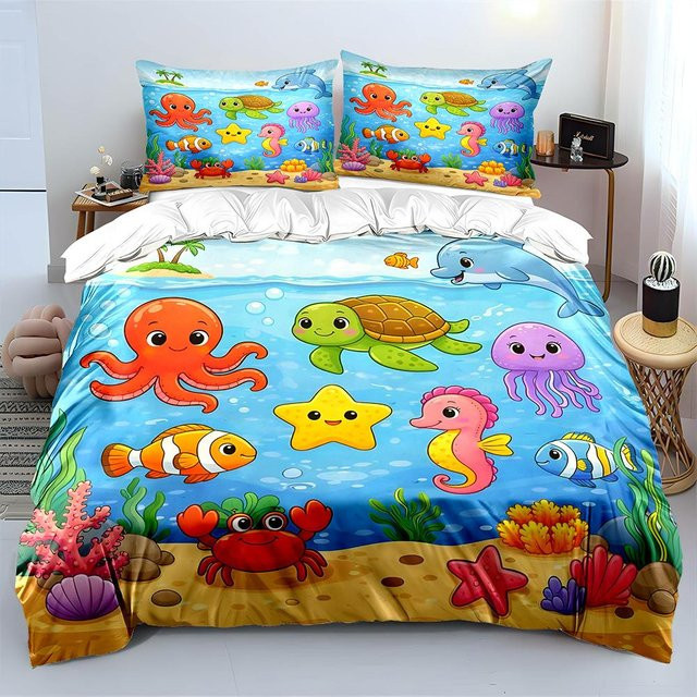 ZbrFour Bettwäsche-Set für Kinder mit Cartoon Meeresbewohnern Illustration, 3-teilig, weiß/mehrfarbig, B/H: 135 x 200 cm - Bild 1