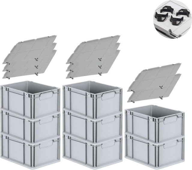 PROREGAL Spar Set mit 8 Eurobox Nextgen Economy inklusive Auflagedeckeln und 4 Schiebeschnappverschlüssen, Schwarz, H x B x T: 22 x 30 x 40 cm - Bild 1