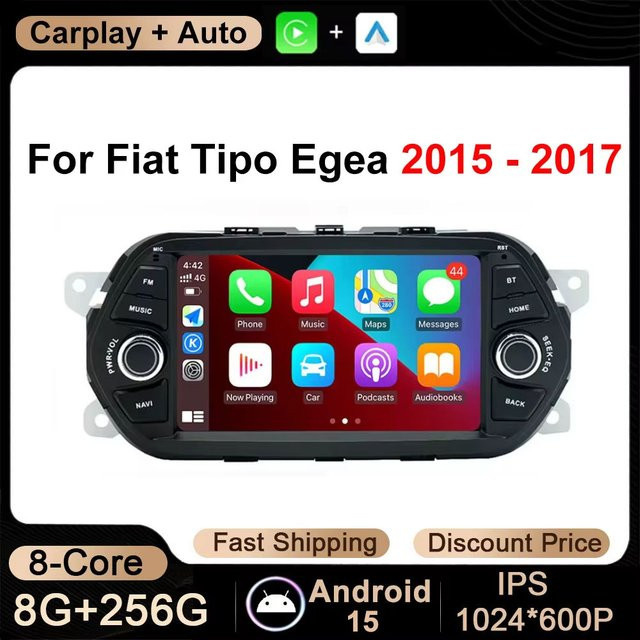 KJ-NAVI Android 15 Carplay Autoradio für Fiat Tipo Egea, Multimedia Video Player mit GPS und 4G, IPS Bildschirm, Schwarz - Bild 1