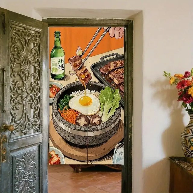 VIKAMA Lichtblockierender Türvorhang mit handgezeichnetem Koreanischem Bibimbap Motiv als Raumteiler für Restaurant und Küche, Mehrfarbig - Bild 1