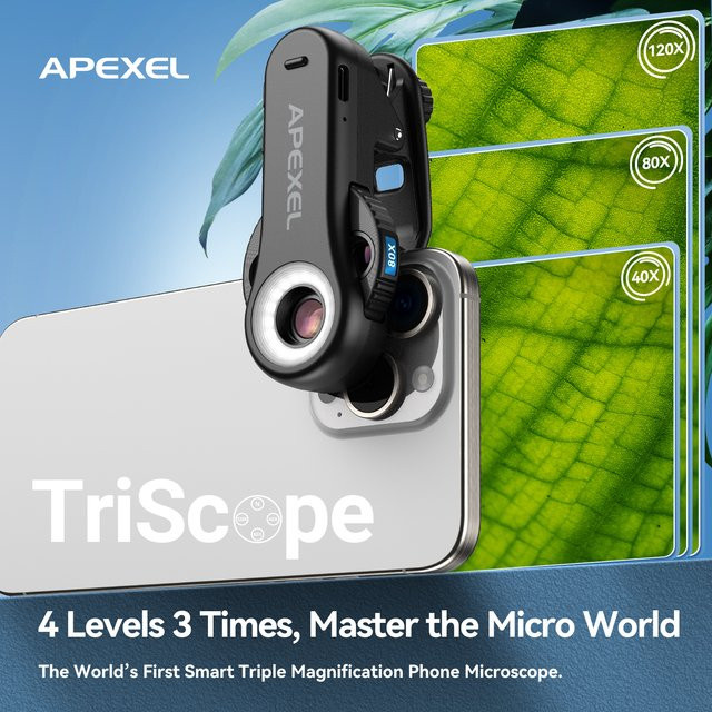 APEXEL 3-in-1 Mikroskop-Set mit LED-Licht und Universalclip für iPhone 17, Pro Max 16 und Android Smartphones, Schwarz - Bild 1