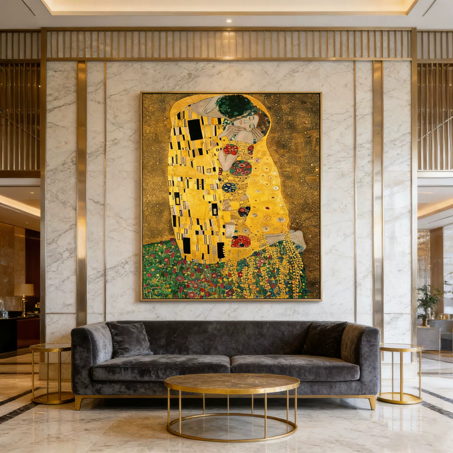 Gustav Klimt Der Kuss Wanddruck in Gold als dekoratives Jugendstil-Kunstwerk auf Leinwand - Bild 2