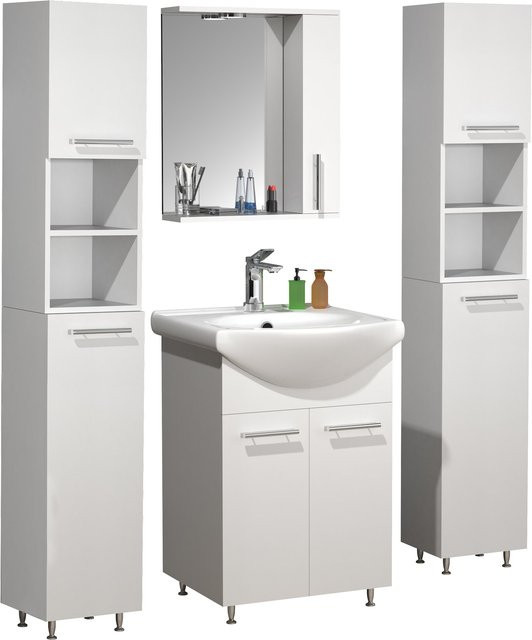 VCM Badmöbel Set Lisalo M in Weiß, 5-tlg. Waschplatz-Komplettset mit Keramik-Waschbecken, Unterschrank, Spiegelschrank und Hochschrank, Breite: 55 cm - Bild 1