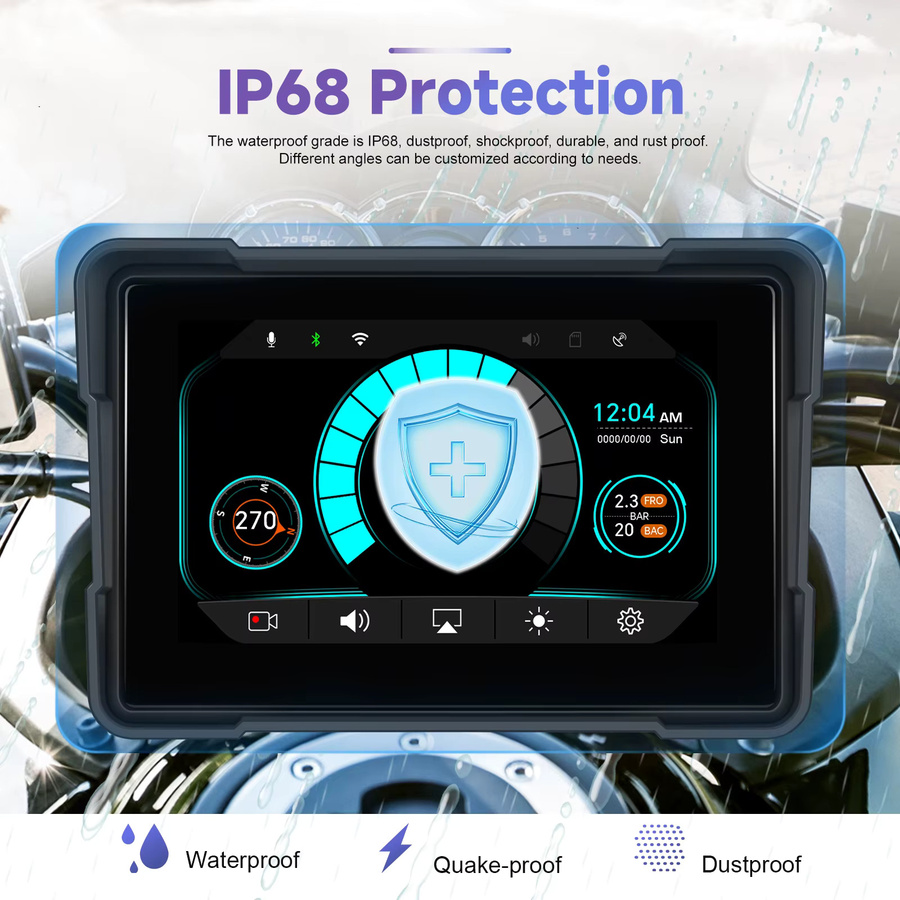 Podofo 5-Zoll Tragbarer Motorrad-Smart-Player mit Wireless CarPlay und Android Auto, IP68 Wasserdichte Digitale Motorrad-Navigation in Schwarz mit 2 Kameras und TPMS-Unterstützung - Bild 5