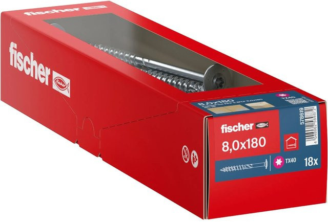 Fischer Holzbauschraube PowerFast II Tellerkopf mit Torx-Antrieb, Farbe Silber, Durchmesser: 8 mm, Länge: 180 mm, 18 Stück - Bild 1