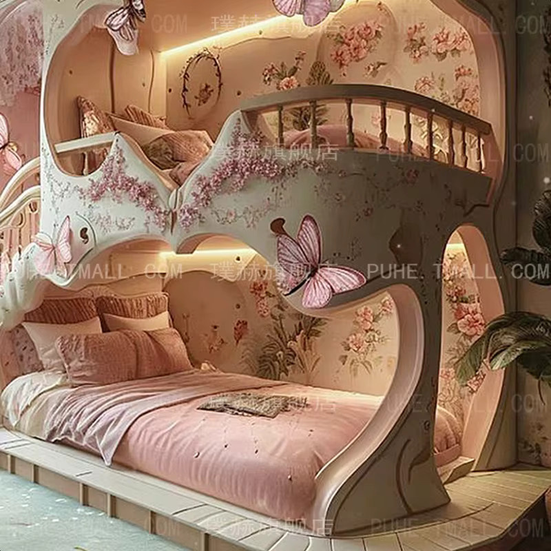 Luxuriöses Kinderbett im Baumhaus-Design als Prinzessinnenschloss in Rosa aus lackiertem Holz - Bild 2