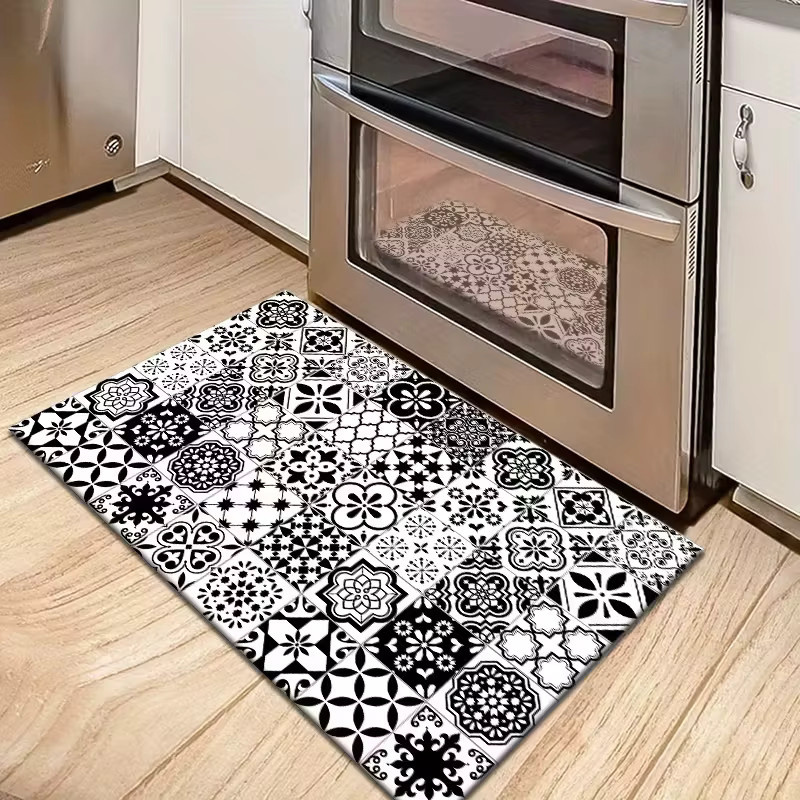 VIKAMA Boho Teppich mit Keramikfliesen-Druck in Schwarz, rutschfest und saugfähig, rechteckig, B/T: 60 x 40 cm - Bild 2