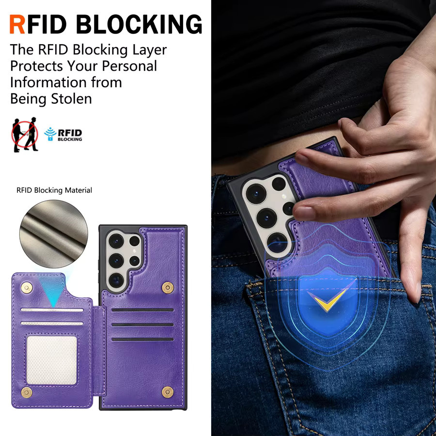 Leder-Brieftasche mit magnetischer Doppel-Schnalle und RFID-Schutz für Samsung Galaxy S25 FE S24 FE S23 Ultra S22 Plus S21 S20 in Lila - Bild 3