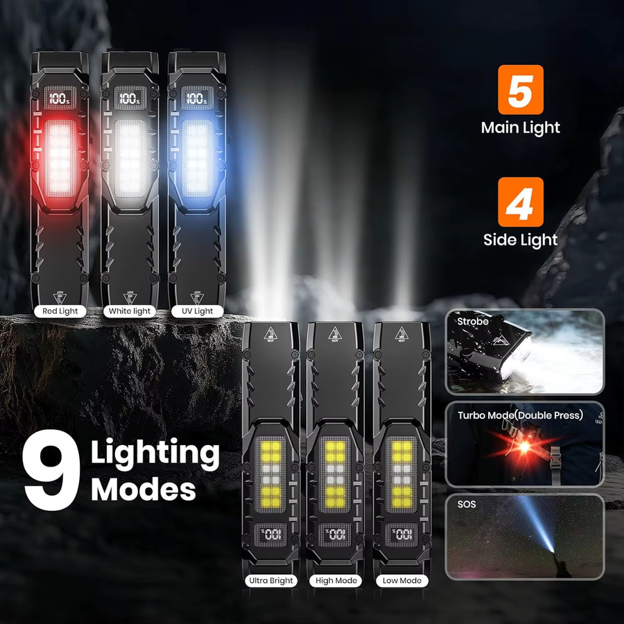 YEMAO Taktische EDC-Taschenlampe mit 1100 lm LED, wiederaufladbar, Digitalanzeige und Clip, Schwarz - Bild 4