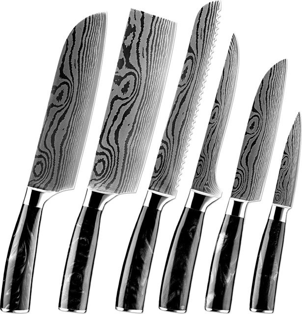 XITUO 1-6-teiliges Japanisches Messerset mit schwarzem Kunstharzgriff und Laser-Damaszener-Muster bestehend aus Brotmesser, Santoku-Messer und Schälmesser in Schwarz - Bild 1