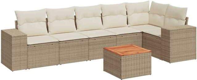 vidaXL 7-teilige Garten-Sofagarnitur in L-Form aus Poly-Rattan und Akazienholz mit Kissen in Beige und Cremeweiß - Bild 1