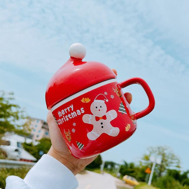 Weihnachtsmann Keramiktasse mit Deckel in Rot, 450 ml - Bild 1