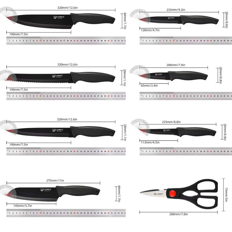 Katisun 15-teiliges Küchenmesser-Set in Schwarz mit rutschfestem Block, deutschem Stahl, Schneidebrett und Messerschärfer inklusive 6 Steakmessern - Bild 3