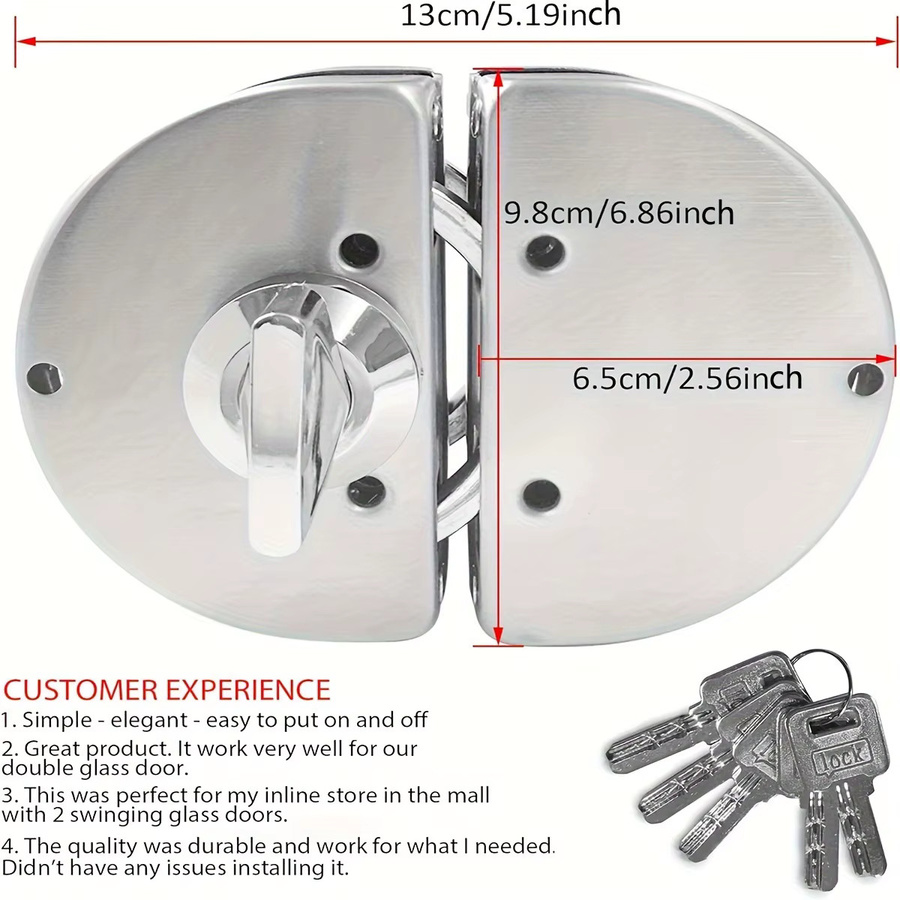 Edelstahl Doppelriegel Drehschiebetürschloss in Silber für 10 mm bis 12 mm Glas, geeignet für 1/2 Zoll Glas und Büroglastüren zur Zugangskontrolle - Bild 2