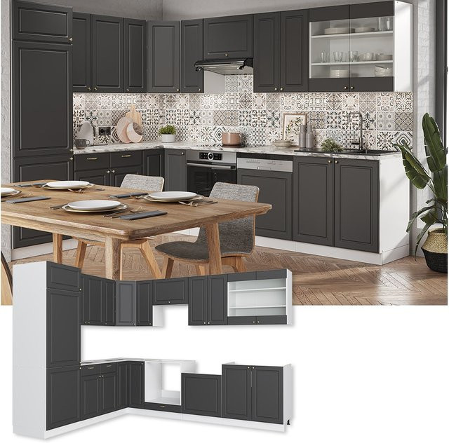 Vicco Eckküche Fame-Line Landhausstil Einbauküche Weiß Anthrazit Gold B/T/H: 227 x 60 x 287 cm - Bild 1