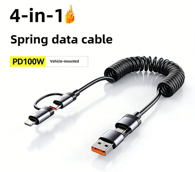 OIITH 4-in-1 Spiralkabel USB Typ C mit 100W Schnellladefunktion, ausziehbares USB-C Ladekabel in Schwarz - Bild 1