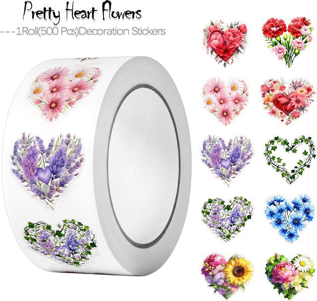 500 Stück Herzblumen Blumenaufkleber mit 10 Designs in Multicolour für Geschenkverpackungen und Bastelarbeiten - Bild 1
